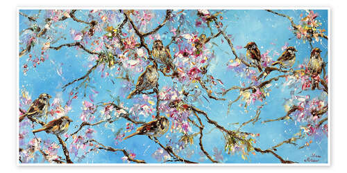 Plakat Sparrows in the Blooming Tree