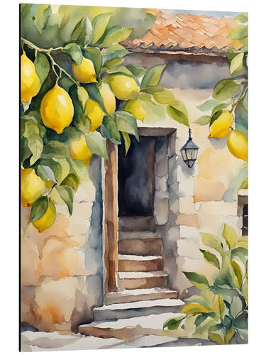 Aluminium print Lemon tree in front of natural stone house