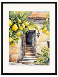 Gerahmter Kunstdruck Zitronenbaum vor Natursteinhaus