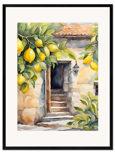 Impresión de arte enmarcada Lemon tree in front of natural stone house
