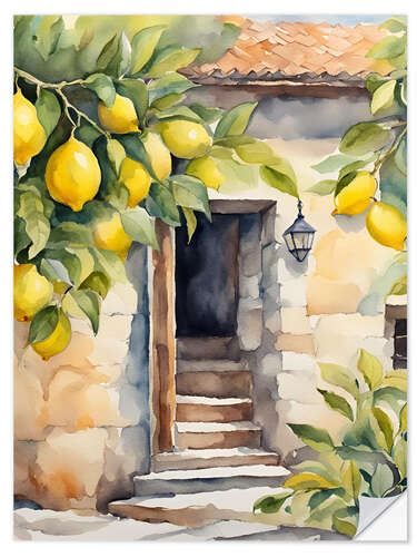 Självhäftande poster Lemon tree in front of natural stone house