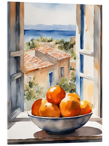 Akrylglastavla Oranges in bowl with Mediterranean view