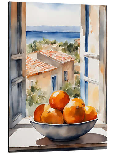 Aluminium print Oranges in bowl with Mediterranean view