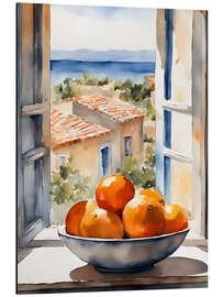 Tableau en aluminium Oranges in bowl with Mediterranean view