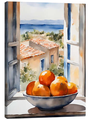 Canvas print Oranges in bowl with Mediterranean view