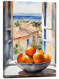 Canvas print Oranges in bowl with Mediterranean view - Ohkimiko