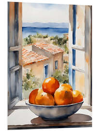 Stampa su PVC Oranges in bowl with Mediterranean view