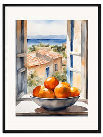 Gerahmter Kunstdruck Orangen in Schale mit mediterraner Aussicht
