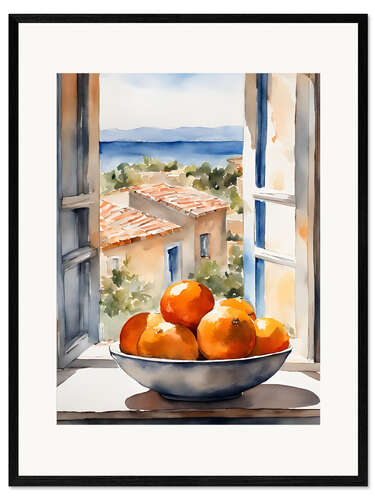 Impression artistique encadrée Oranges in bowl with Mediterranean view