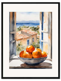 Impression artistique encadrée Oranges in bowl with Mediterranean view