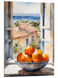 Cuadro de plexi-alu Oranges in bowl with Mediterranean view