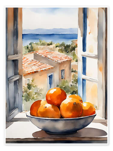 Póster Oranges in bowl with Mediterranean view