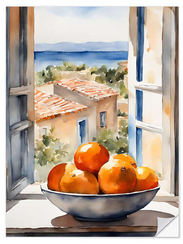 Självhäftande poster Oranges in bowl with Mediterranean view