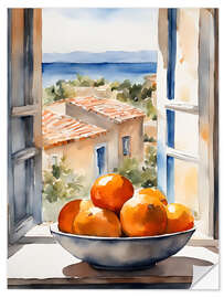 Självhäftande poster Oranges in bowl with Mediterranean view