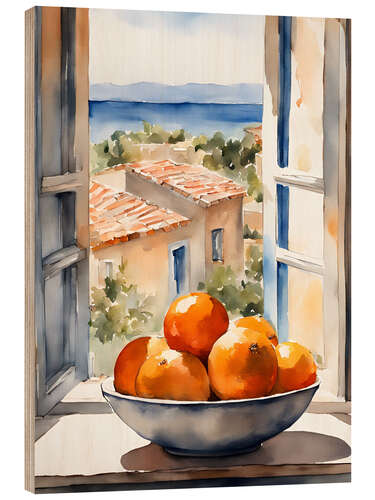 Wood print Oranges in bowl with Mediterranean view