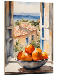 Hout print Oranges in bowl with Mediterranean view