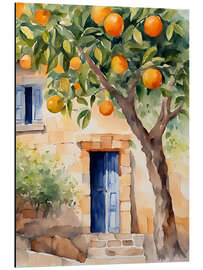 Print på aluminium Orange tree in front of natural stone house