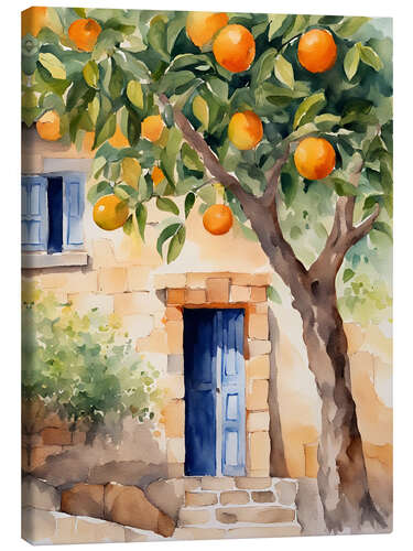 Canvas print Orange tree in front of natural stone house