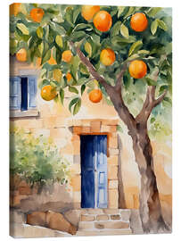 Canvas print Orange tree in front of natural stone house - Ohkimiko