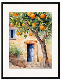 Gerahmter Kunstdruck Orangenbaum vor Natursteinhaus