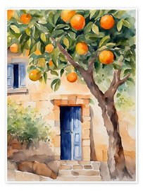 Poster Orange tree in front of natural stone house