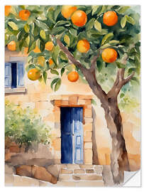 Wall sticker Orange tree in front of natural stone house