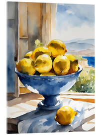 Akrylglastavla Lemons in bowl in front of Mediterranean view