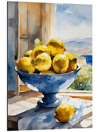 Tableau en aluminium Lemons in bowl in front of Mediterranean view