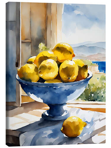 Lærredsbillede Lemons in bowl in front of Mediterranean view