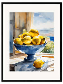 Impression artistique encadrée Lemons in bowl in front of Mediterranean view