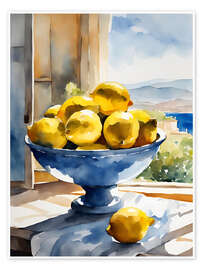 Póster Lemons in bowl in front of Mediterranean view