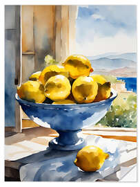 Självhäftande poster Lemons in bowl in front of Mediterranean view