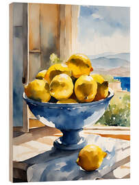 Hout print Lemons in bowl in front of Mediterranean view