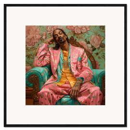 Impression artistique encadrée Snoop Dogg sitting on retro sofa