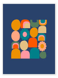 Reprodução Geometric Floral Collage in Blue - apricot and birch