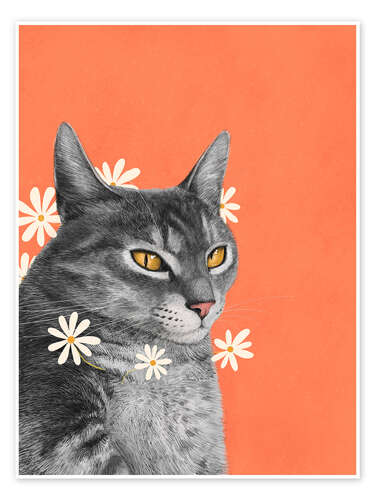 Póster Cat with chamomile flowers