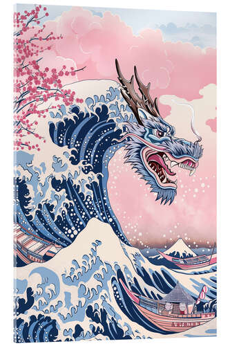 Acrylglasbild Tsunami-Drachen und japanische Kirschblüten