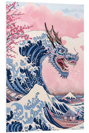 Hartschaumbild Tsunami-Drachen und japanische Kirschblüten