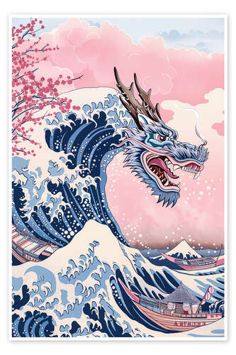 Poster Tsunami-Drachen und japanische Kirschblüten