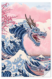 Wandsticker Tsunami-Drachen und japanische Kirschblüten