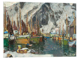 Hartschaumbild Bei den Fischerbooten in Svolvaer, Lofoten, 1934