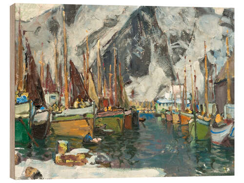 Holzbild Bei den Fischerbooten in Svolvaer, Lofoten, 1934