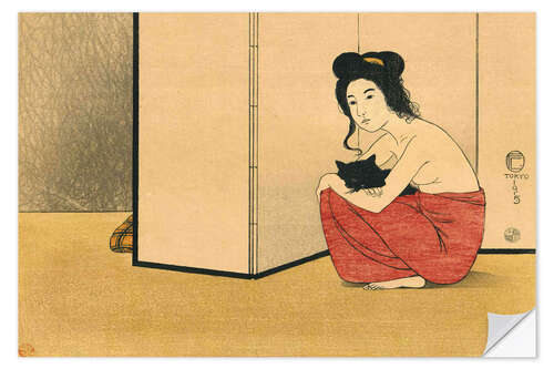 Wandsticker Frau hält eine schwarze Katze, 1915