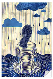 Självhäftande poster Woman in striped dress in rainy weather