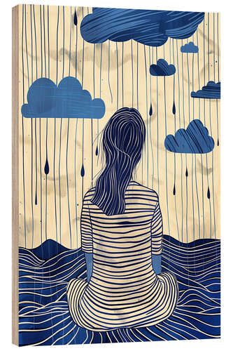 Tableau en bois Woman in striped dress in rainy weather