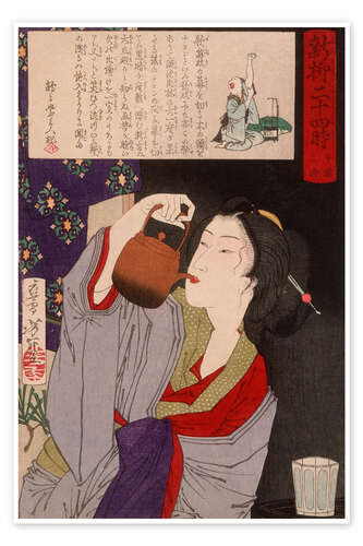 Poster Geisha trinkt aus einem Sake-Kessel, 1880