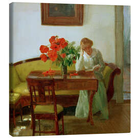 Stampa su tela Interior with poppies and woman reading - Anna Ancher