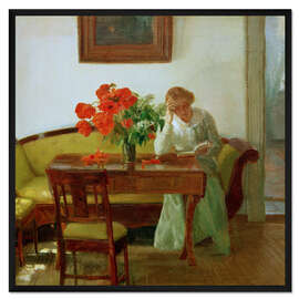 Gerahmter Kunstdruck Interieur mit Mohnblumen und lesender Frau - Anna Ancher