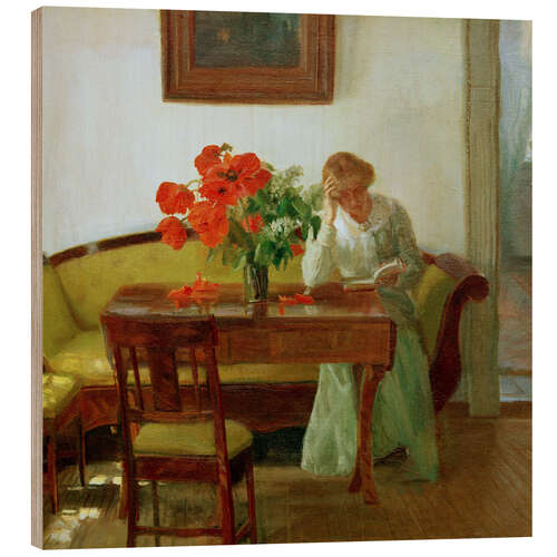 Tableau en bois Interior with poppies and woman reading