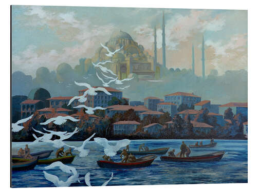 Alubild Fischer am Bosporus mit Süleymans Moschee, Istanbul
